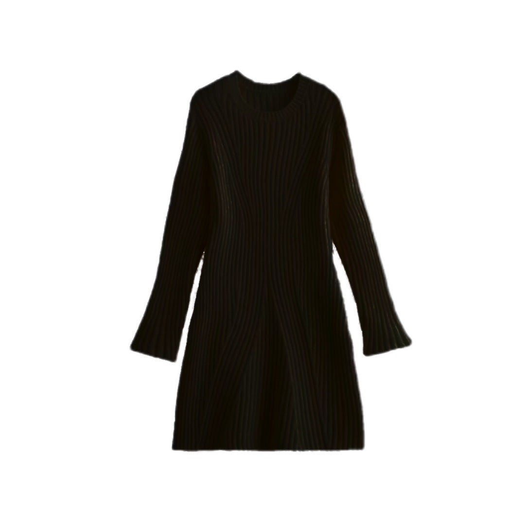 Women's Solid Ribbed Knitted Dress – Fall & Winter Slim-Fit Stand-Up Collar A-Line Dress - Prime