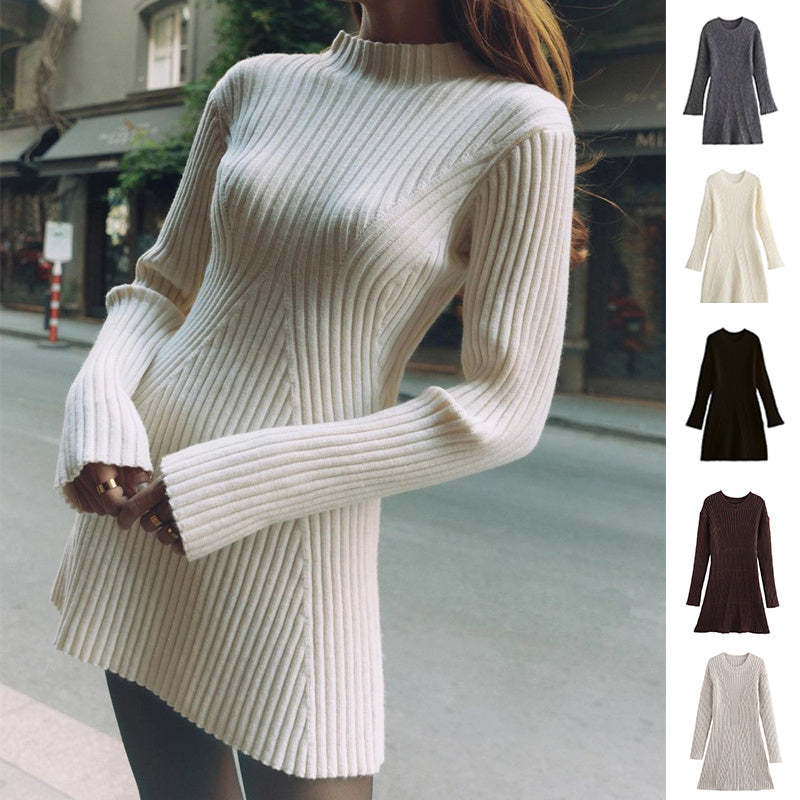 Women's Solid Ribbed Knitted Dress – Fall & Winter Slim-Fit Stand-Up Collar A-Line Dress - Prime