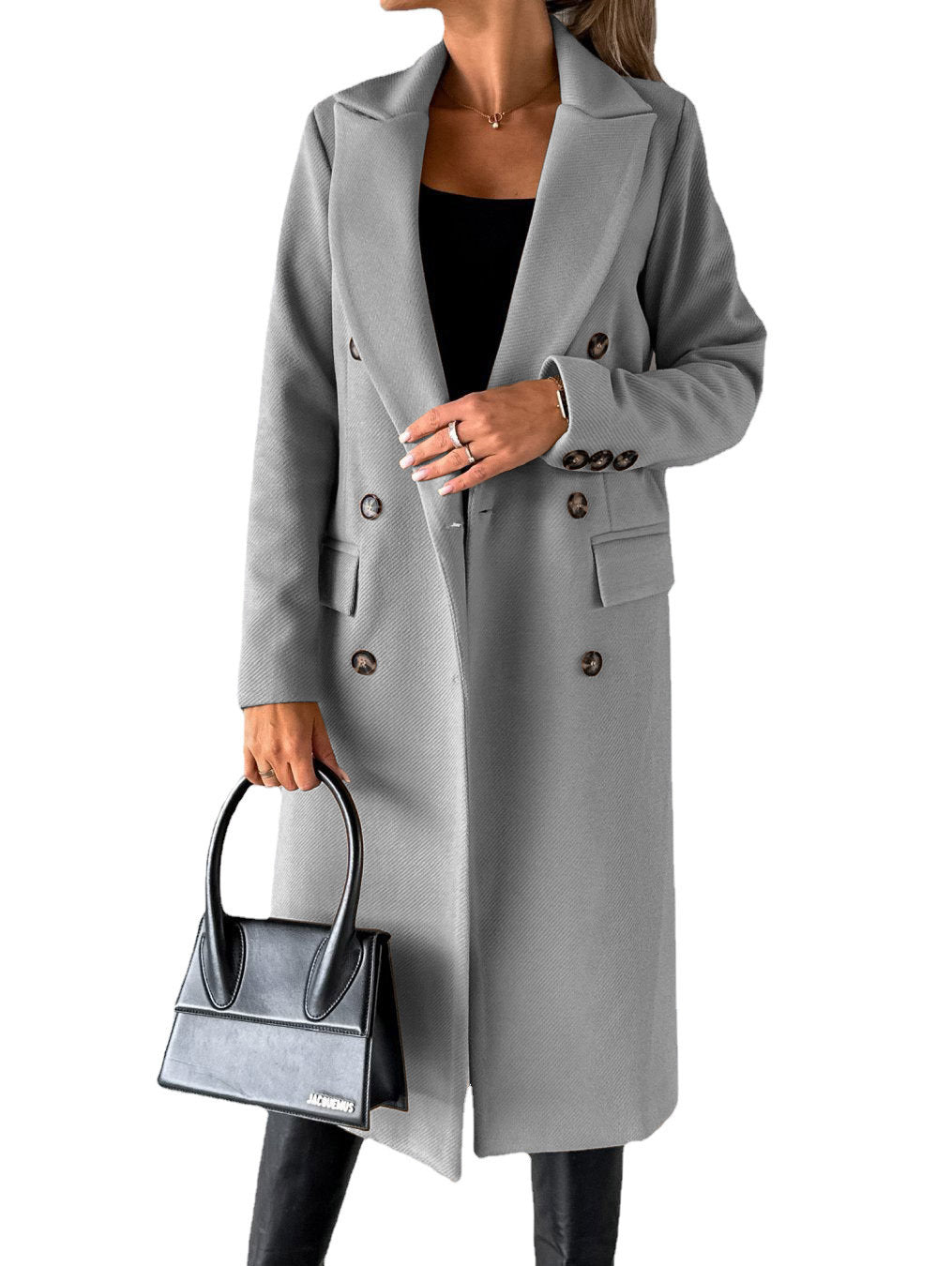 Women's Winter Fashion Long Sleeve Lapel Coat – Solid Double-Breasted Slim Fit Long Jacket - Prime