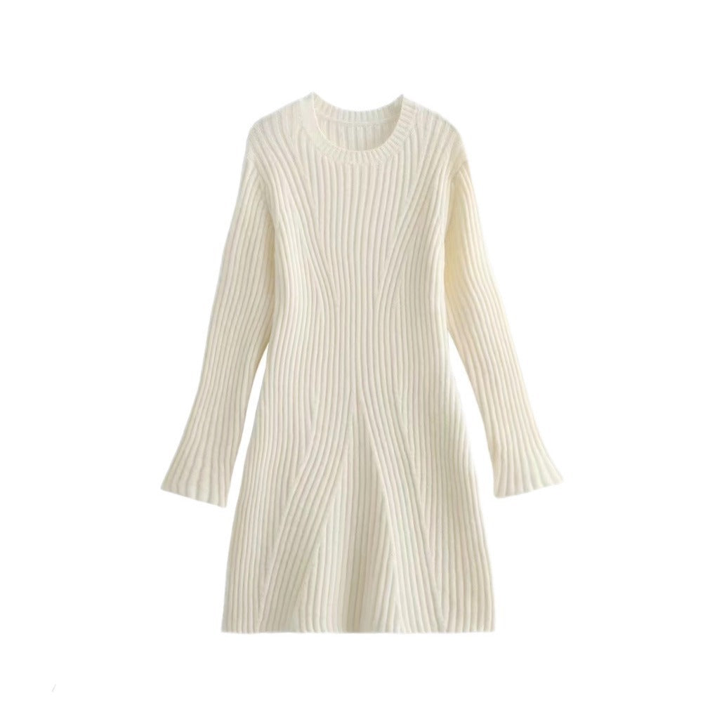 Women's Solid Ribbed Knitted Dress – Fall & Winter Slim-Fit Stand-Up Collar A-Line Dress - Prime