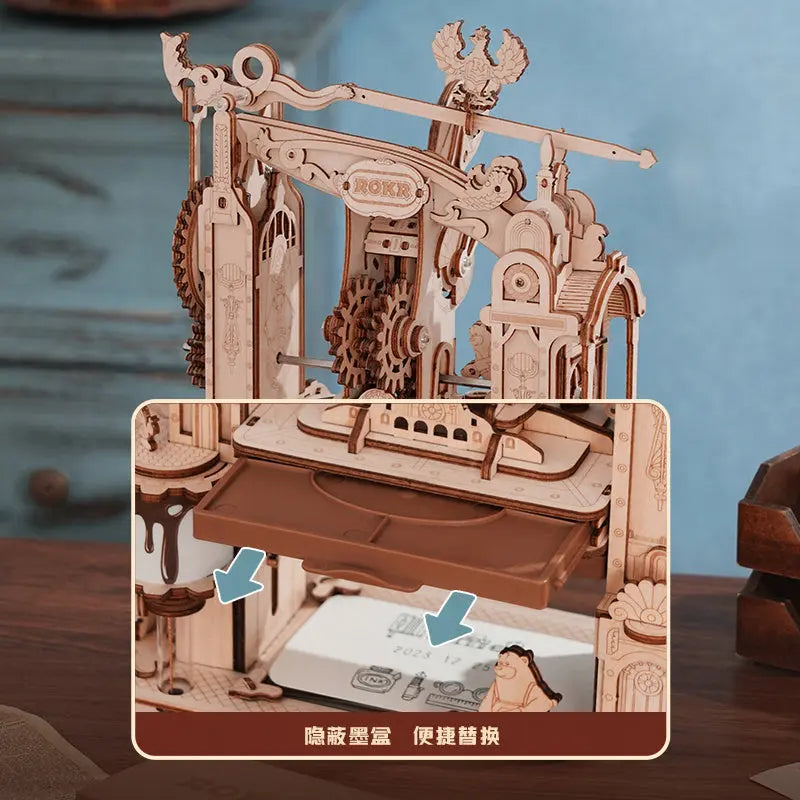 3D Wooden Puzzle Printing Press Mechanical Gears Toy Decor.