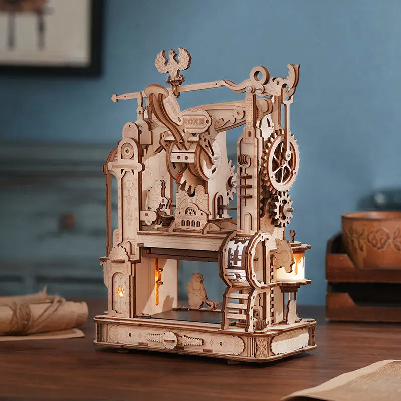 3D Wooden Puzzle Printing Press Mechanical Gears Toy Decor.