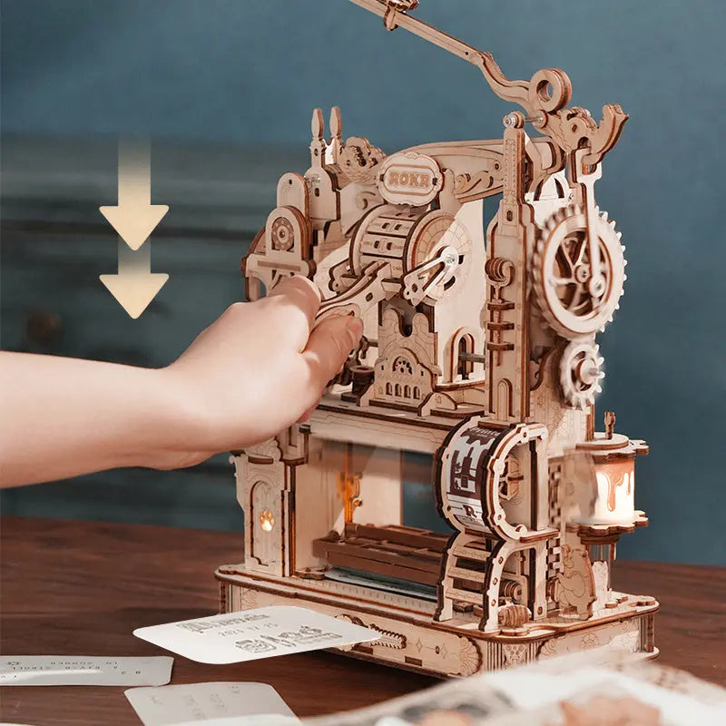 3D Wooden Puzzle Printing Press Mechanical Gears Toy Decor.