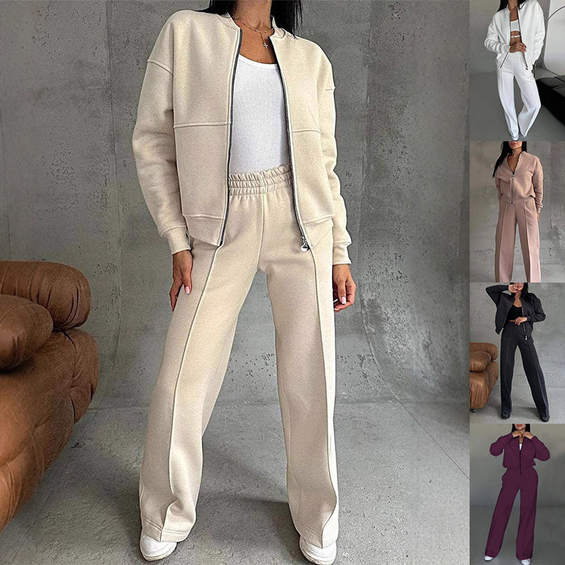 Women's Sports Suit – Zipper Jacket and Wide Leg Pants Two-Piece Set - Prime