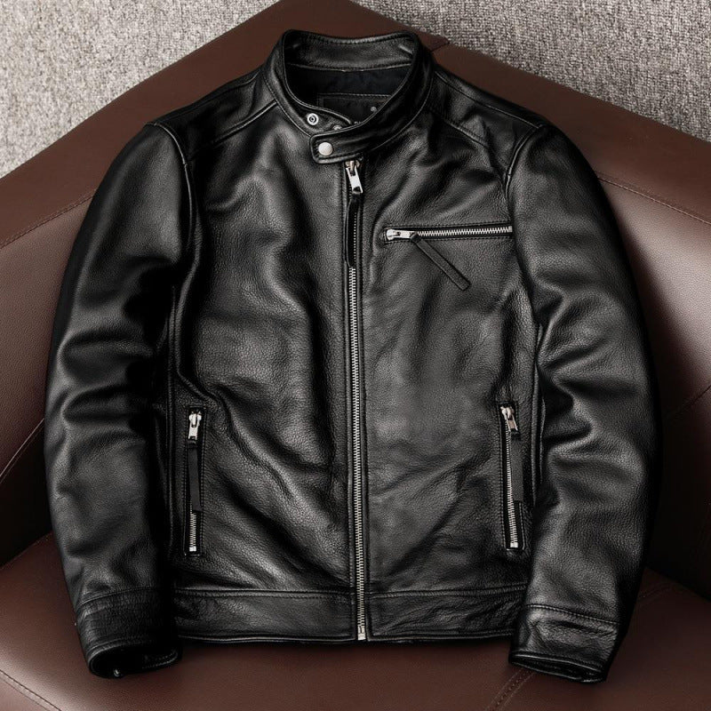 Men's Genuine Leather Stand Collar Jacket.