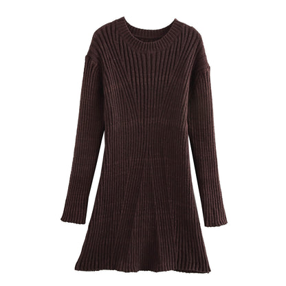 Women's Solid Ribbed Knitted Dress – Fall & Winter Slim-Fit Stand-Up Collar A-Line Dress - Prime