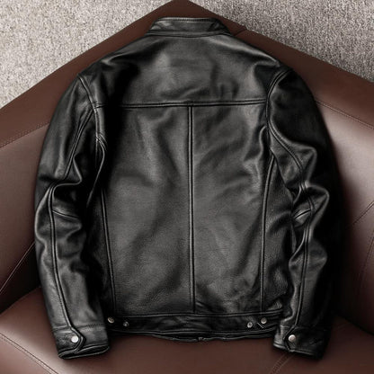 Men's Genuine Leather Stand Collar Jacket.