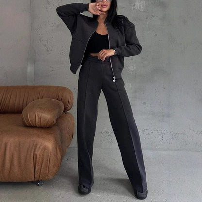 Women's Sports Suit – Zipper Jacket and Wide Leg Pants Two-Piece Set - Prime