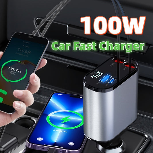 100W Metal Car Charger – Super Fast Charging USB & Type-C Adapter for Car Cigarette Lighter.