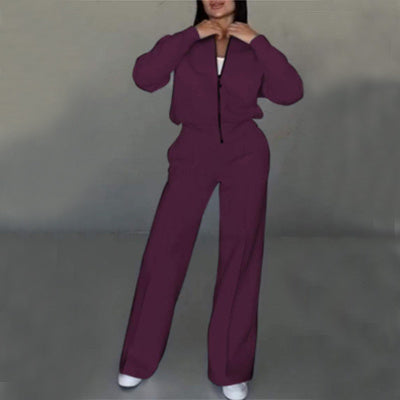 Women's Sports Suit – Zipper Jacket and Wide Leg Pants Two-Piece Set - Prime