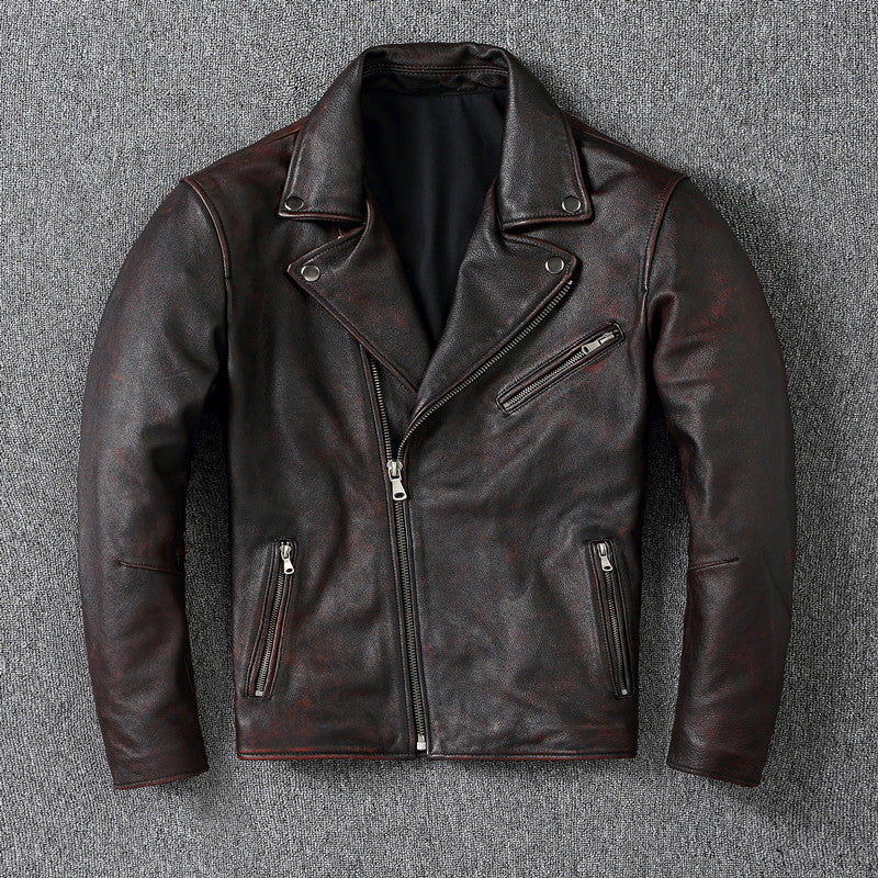 Men's Distressed Leather Motorcycle Jacket.