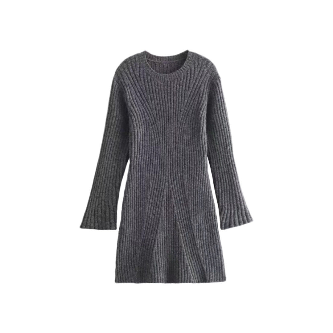 Women's Solid Ribbed Knitted Dress – Fall & Winter Slim-Fit Stand-Up Collar A-Line Dress - Prime