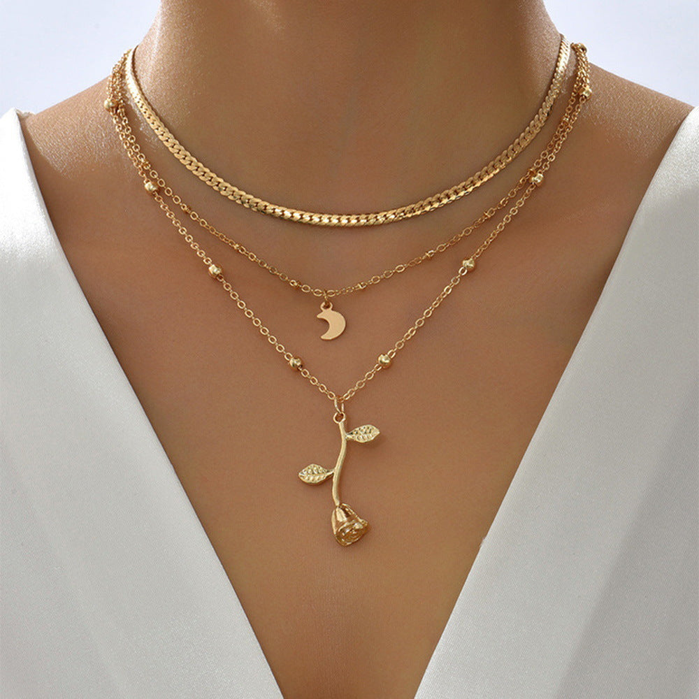 Bohemian Multi-Layer Moon & Rose Pendant Necklace – Gold Choker for Women, 2025 Fashion Jewelry, Perfect Valentine's Day Gift - Prime