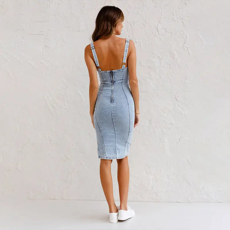 Women's U-Neck Suspender Denim Dress – Summer Casual Slim Fit with Slit Design Prime