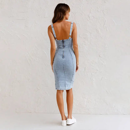 Women's U-Neck Suspender Denim Dress – Summer Casual Slim Fit with Slit Design Prime