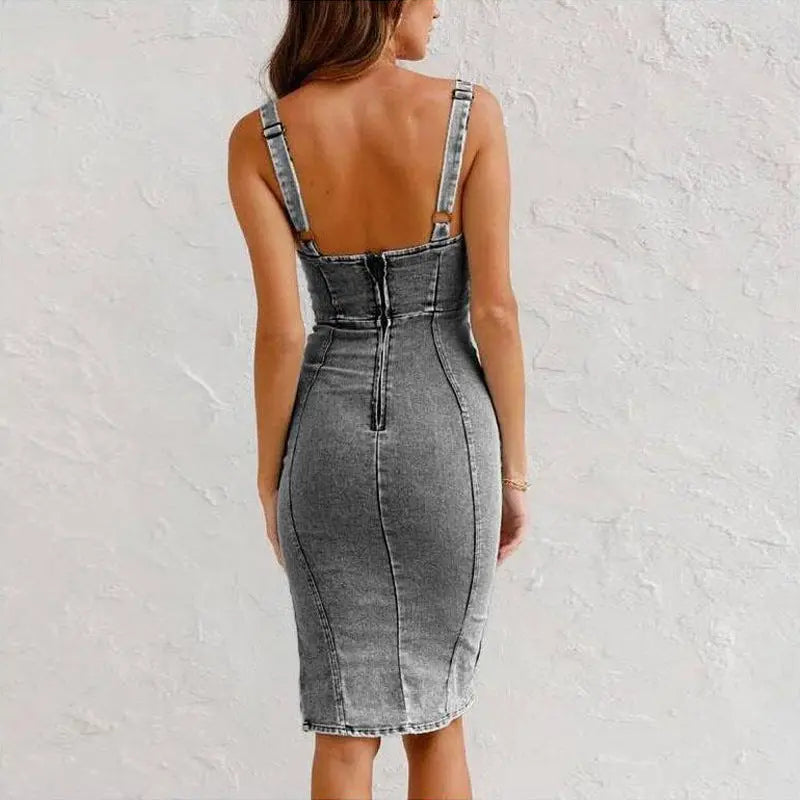 Women's U-Neck Suspender Denim Dress – Summer Casual Slim Fit with Slit Design Prime