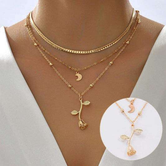 Bohemian Multi-Layer Moon & Rose Pendant Necklace – Gold Choker for Women, 2025 Fashion Jewelry, Perfect Valentine's Day Gift - Prime