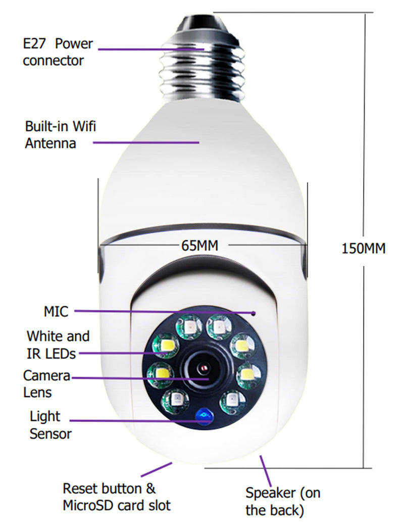 WiFi CAMERA 1080P Bulb 4X Zoom Camera E27 Home 5GWiFi Alarm Monitor.