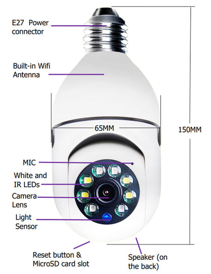 WiFi CAMERA 1080P Bulb 4X Zoom Camera E27 Home 5GWiFi Alarm Monitor.