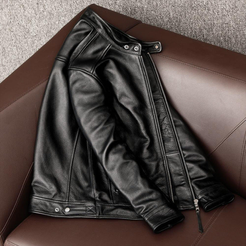 Men's Genuine Leather Stand Collar Jacket.