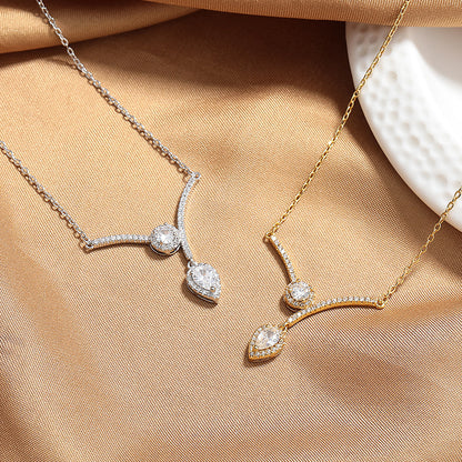 Elegant V-Shaped Water Drop Necklace – Sparkling Micro-Inlaid Zircon Design.