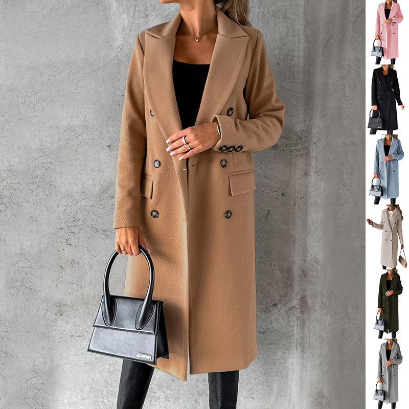 Women's Winter Fashion Long Sleeve Lapel Coat – Solid Double-Breasted Slim Fit Long Jacket - Prime