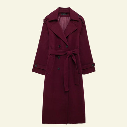 Women's Double-Breasted Lapel Woolen Trench Coat – Belted Long Winter Jacket - Prime