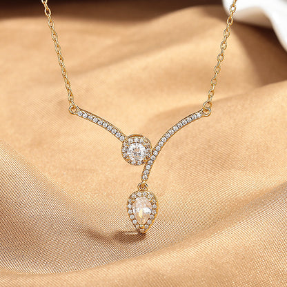 Elegant V-Shaped Water Drop Necklace – Sparkling Micro-Inlaid Zircon Design.