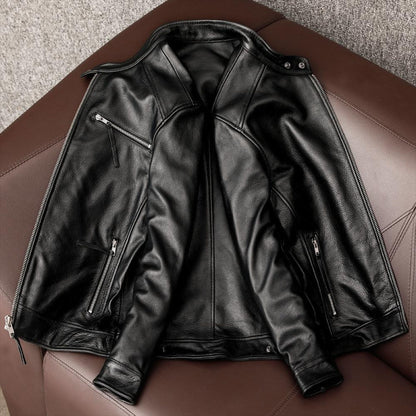 Men's Genuine Leather Stand Collar Jacket.