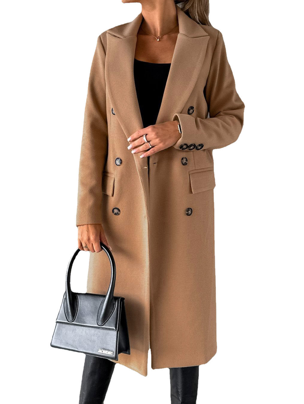 Women's Winter Fashion Long Sleeve Lapel Coat – Solid Double-Breasted Slim Fit Long Jacket - Prime