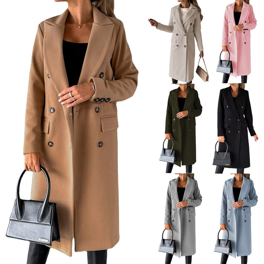 Women's Winter Fashion Long Sleeve Lapel Coat – Solid Double-Breasted Slim Fit Long Jacket - Prime